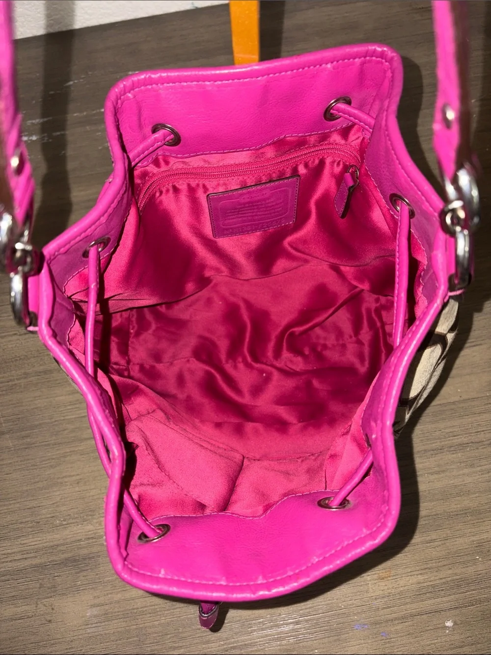Coach #F25675 Daisy Outline Signature Monogram Drawstring Khaki Raspberry Pink